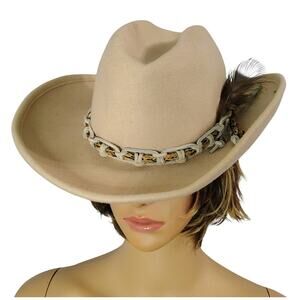 Tan Lancaster Wool Cowboy Western Hat Leather Rope Feather Hat Band Size 7 Women